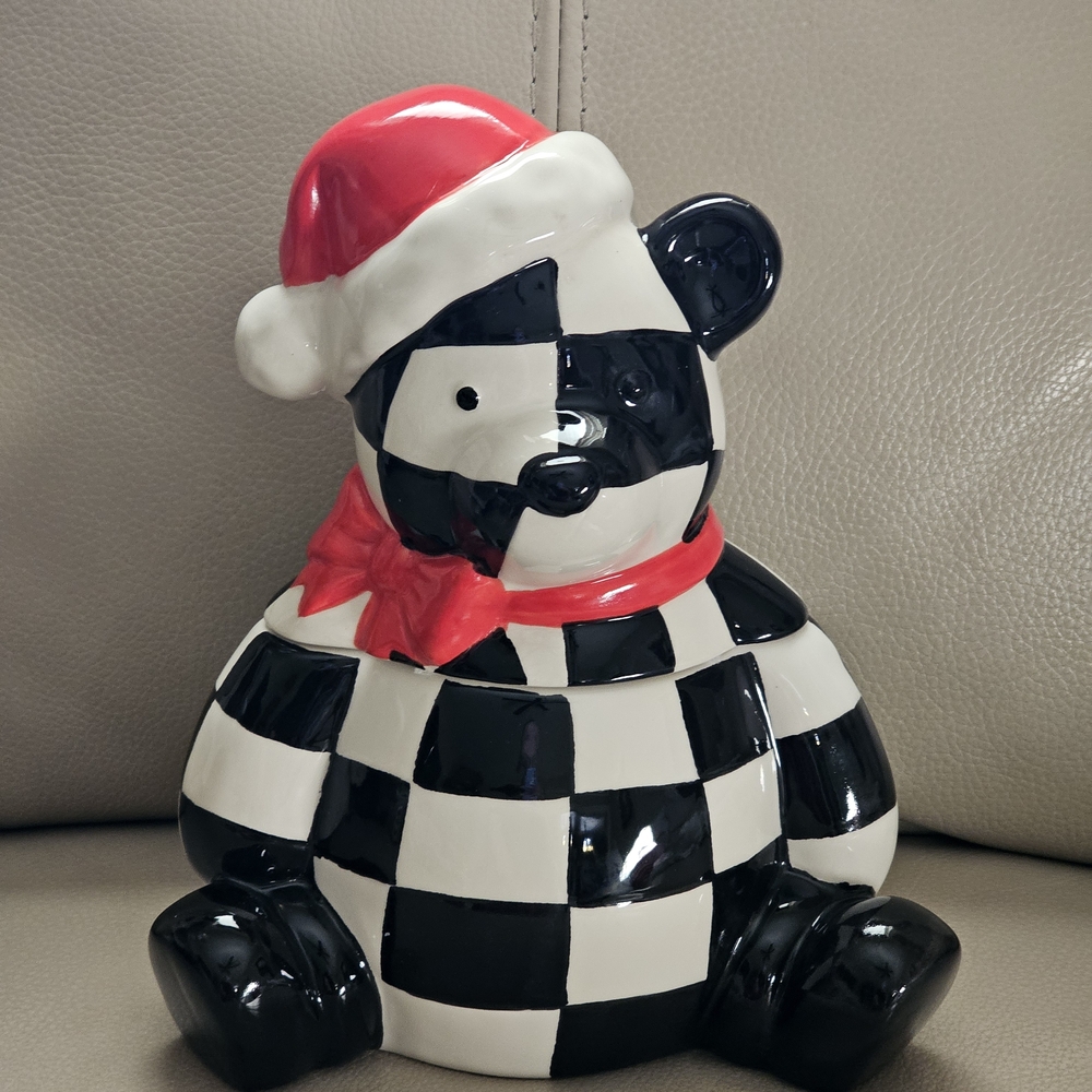 Checkered Black and White Bear Figurine with Red Accents